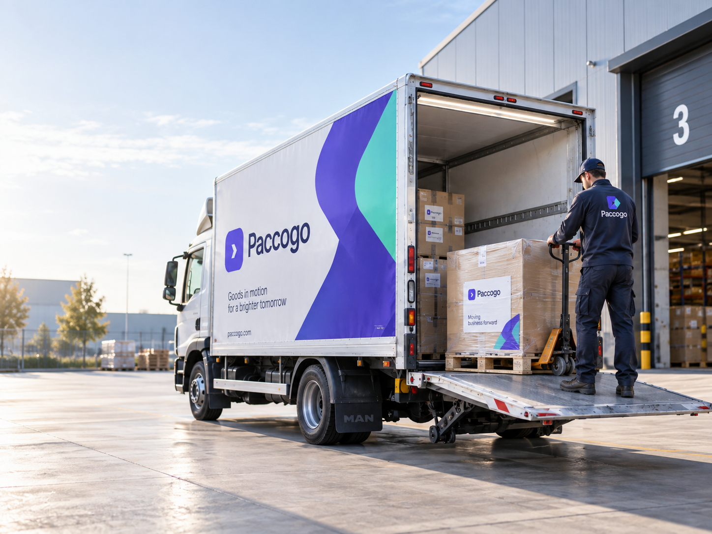 Camion Paccogo durante il ritiro di un pacco con sponda idraulica
